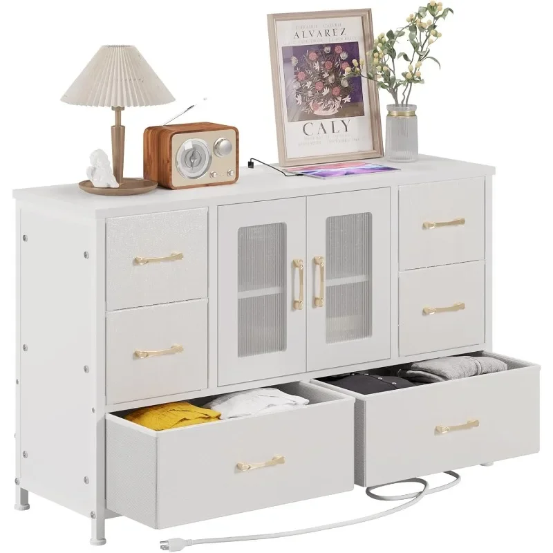 

6-Drawers Dresser with 2 Storage Shelves and Open Door, Fabric Dressers Drawers with Power Outlets for Bedroom, Hallway