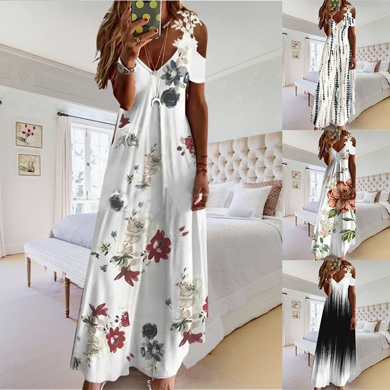 Damska Letnia Sukienka Codzienna Długa Ażurowa Krótki Rękaw Linia A Długość Plażowa Boho Impreza Eleganckie Sukienki