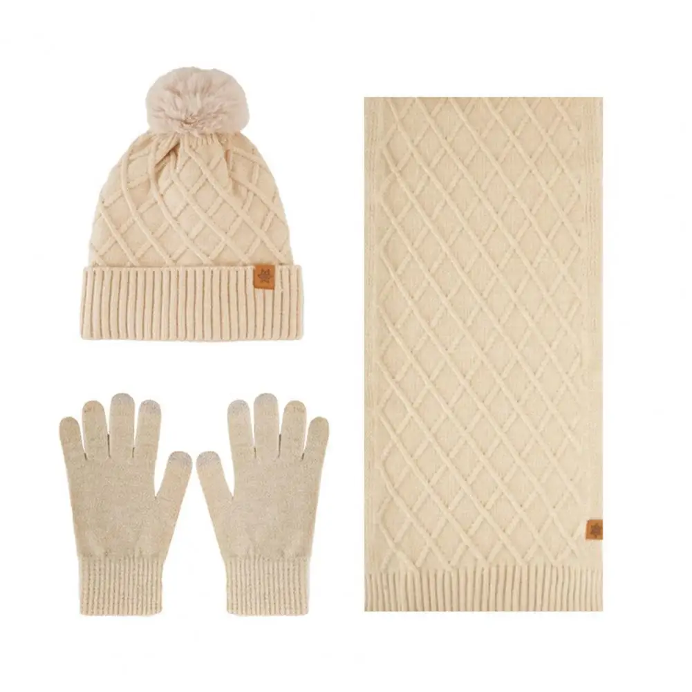 Warm Non-stuffy Hat Set Winter Hat Scarf Gloves Set for Women Plush Ball Decor Beanie Knitted Long Scarf with for Weather