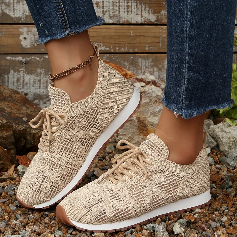 Summer Mesh Athletic Casual Shoes Round Toe Deep Mouth Lace-Up Mesh Breathable Flat Plus Size Single