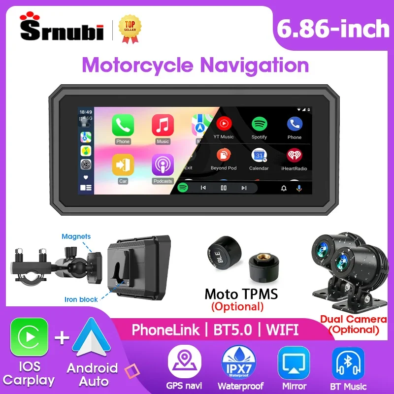 

Srnubi 6.86" Carplay Motorcycle DVR Multimedia Player Motobike Android Auto Waterproof GPS Navigation Movable bracket with TPMS