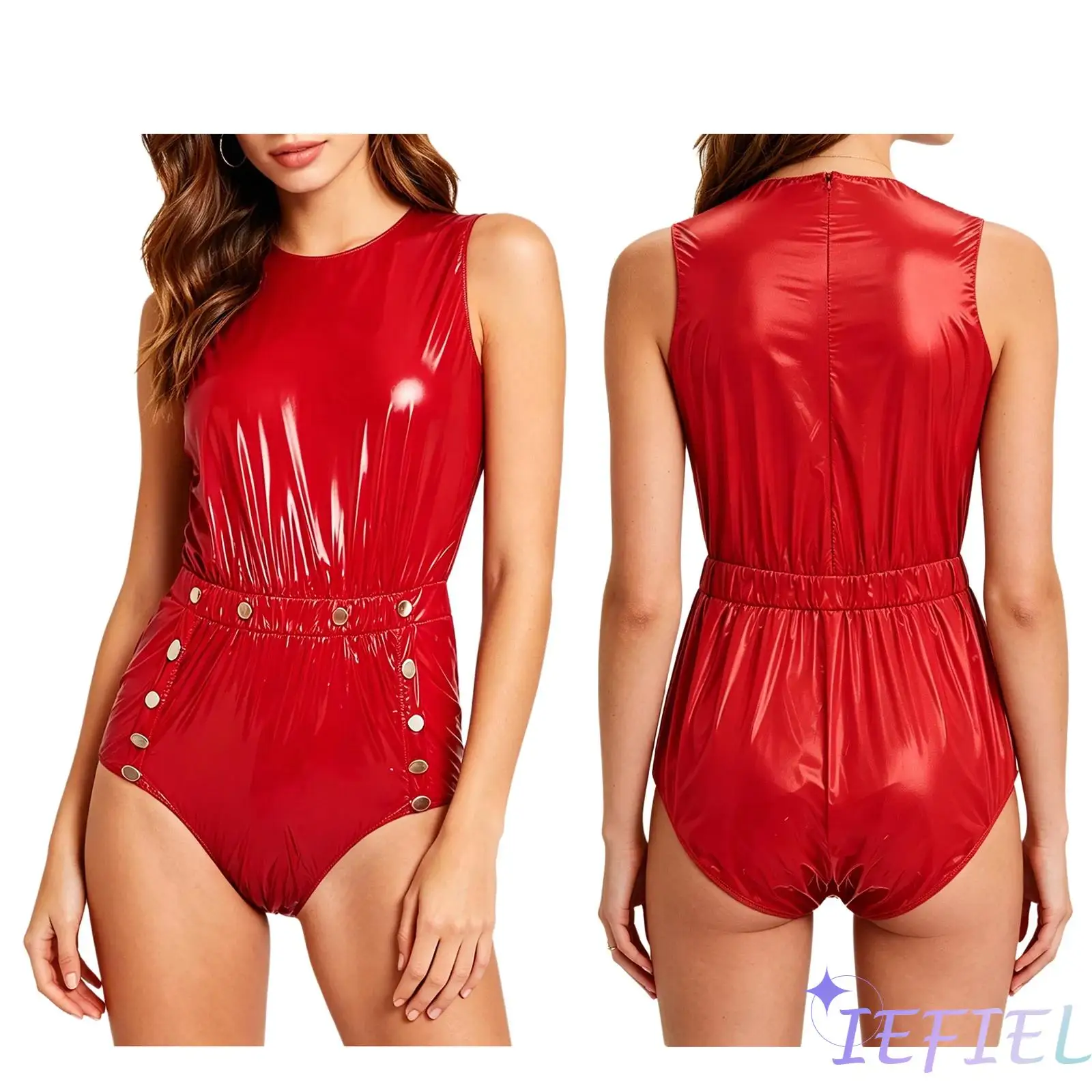 Womens One Piece Waterproof Rompers Sleeveless Back Zipper Openable Button Crotch Elastic Waist Jumpsuit for Rave Party Clubwear