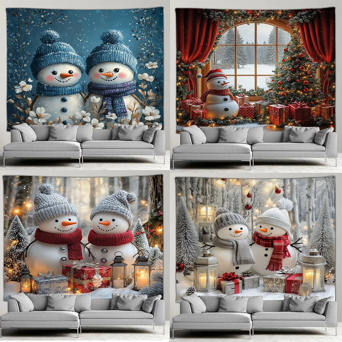 

Рождественский гобелен с милым снеговиком — рождественская елка и зимний лесной пейзаж, идеальный подарок на окно, новогодняя гостиная, домашняя стена