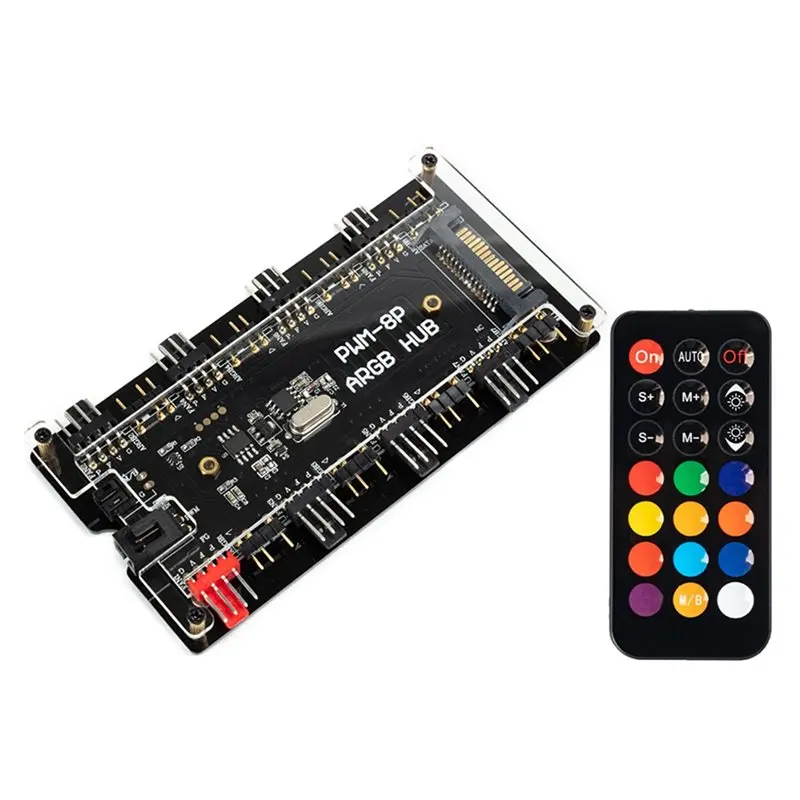 PWM& ARGB LED Controller Hub 8 Port 12V 4-Pin Fan/5V 3-Pin AURA Wireless IR Remote Adapter 2-In-1 ARGB Controller