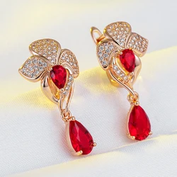 Wbmqda Luxury Retro Drop Shape Red Natural Zircon Dangle Earrings For Women 585 Rose Gold Color Ethnic Bride Wedding Jewelry