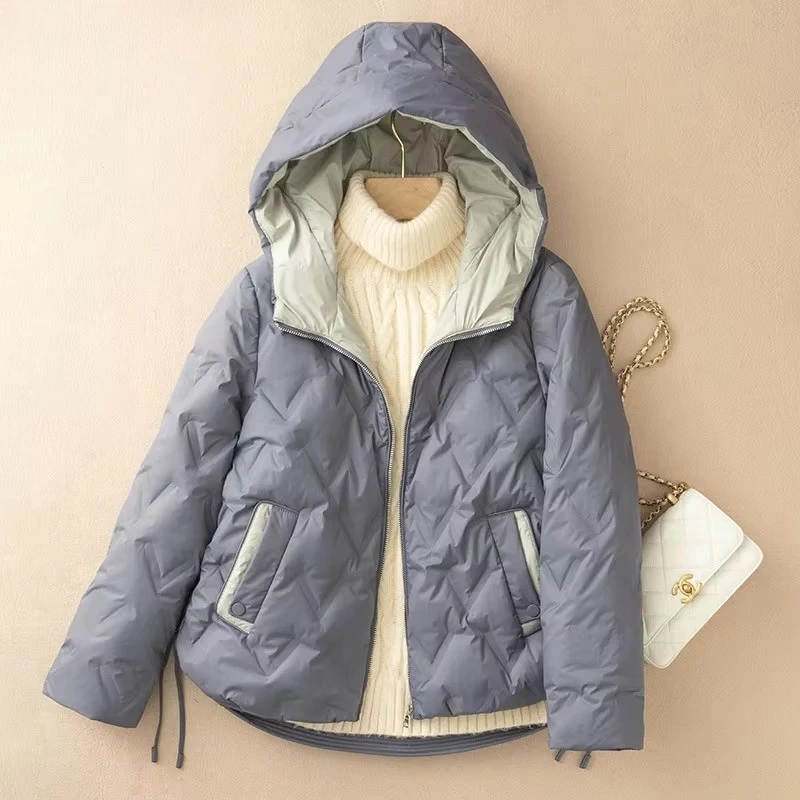 2026 New Arrival Women 90% White Duck Down Jacket Loose Casual Autumn Winter Outwear Patchwork Coat with Hood