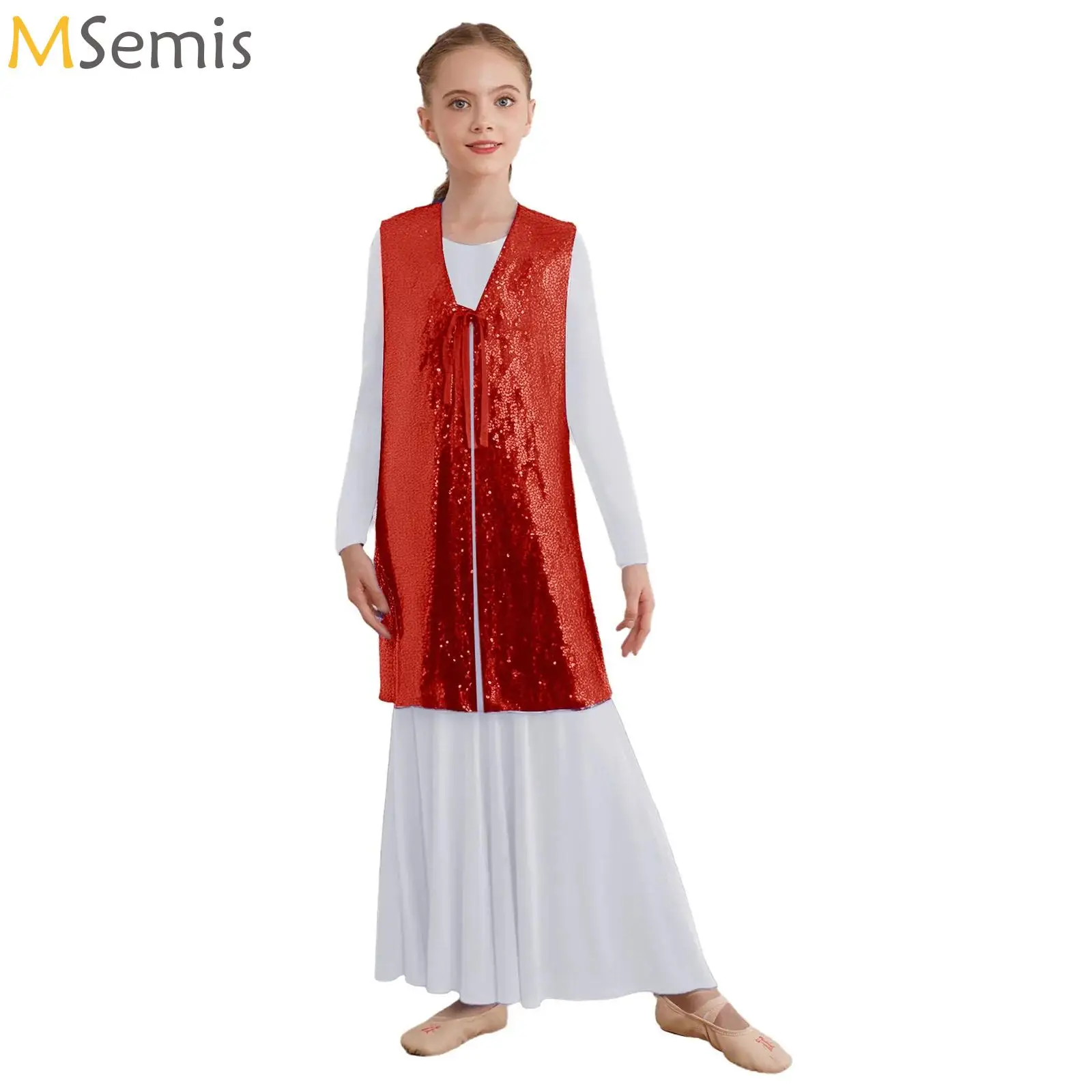 

Kids Girls Jazz Dacne Long Vest Jacket Children Celebration of Spirit Dance Drapey Tunic Tank Pullover for Stage Performance