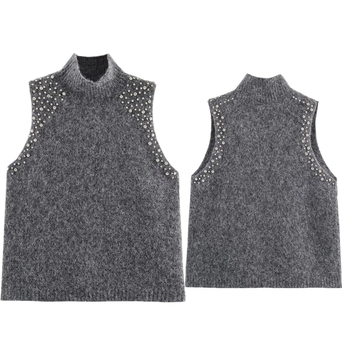 

Jenny&Dave Nordic Minimalist Elegant Grey Women's Sweater Tops Rhinestone Decorated Turtleneck Sweater Knitwear Woman Clothing