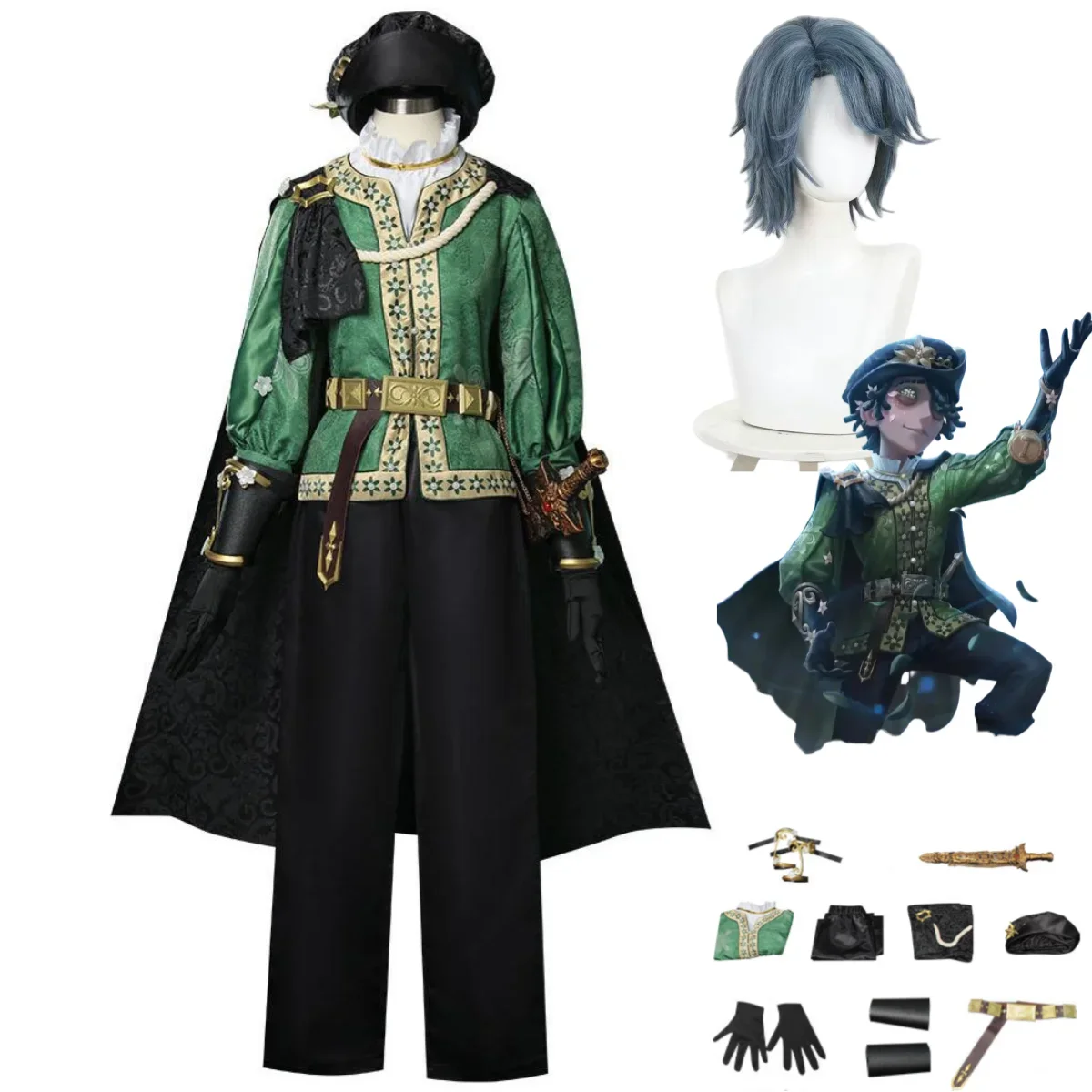 

Взрослый мужчина, национальный костюм, игровая идентичность, VEmil Patient, карнавальный костюм, парик, униформа в Римео, плащ, шляпа, реквизит, зеленая униформа, полный комплект