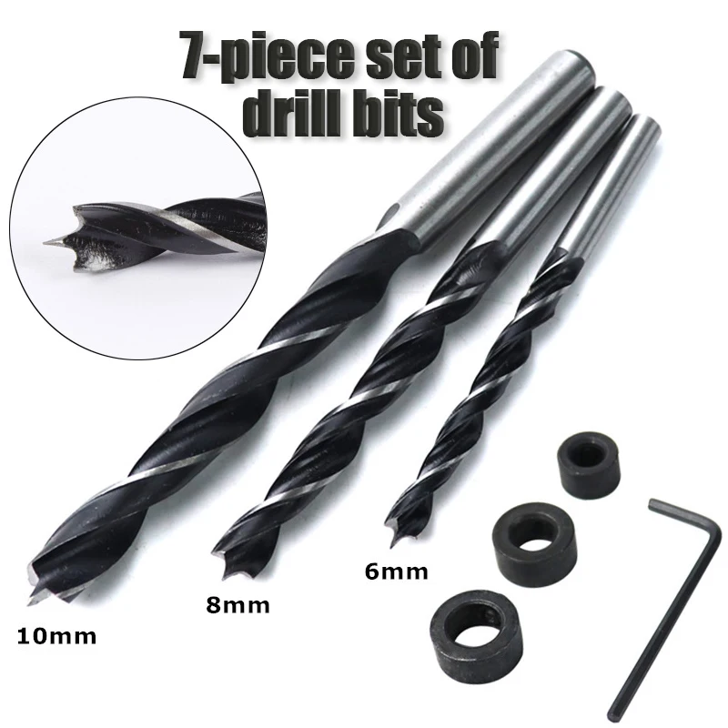 7pcs 6/8/10mm Carbon Steel Three Pointed Drill Bits Set with Straight Shank Woodworking Twists Drill Bits Set For Dowel Drilling