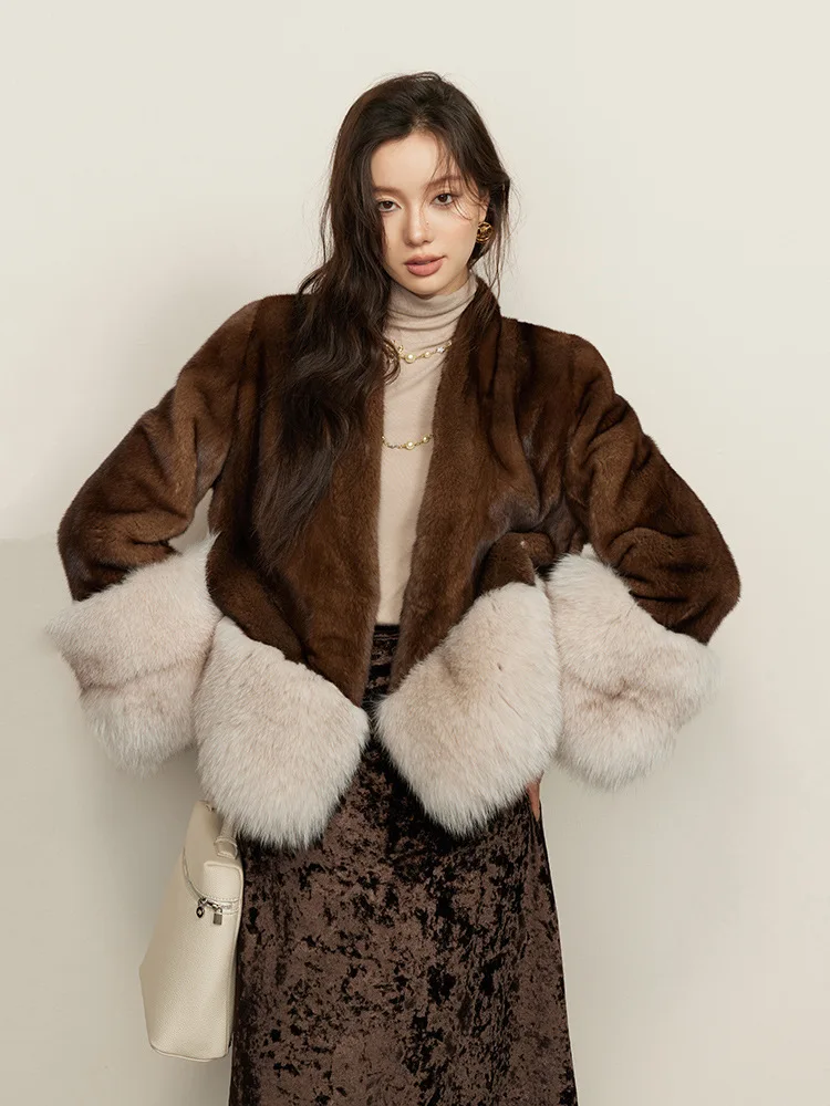 UMI MAO Kaidi Luolan violet étiquette Grade entier vison manteau de fourrure femmes minceur fourrure de renard poignets automne hiver fourrure veste