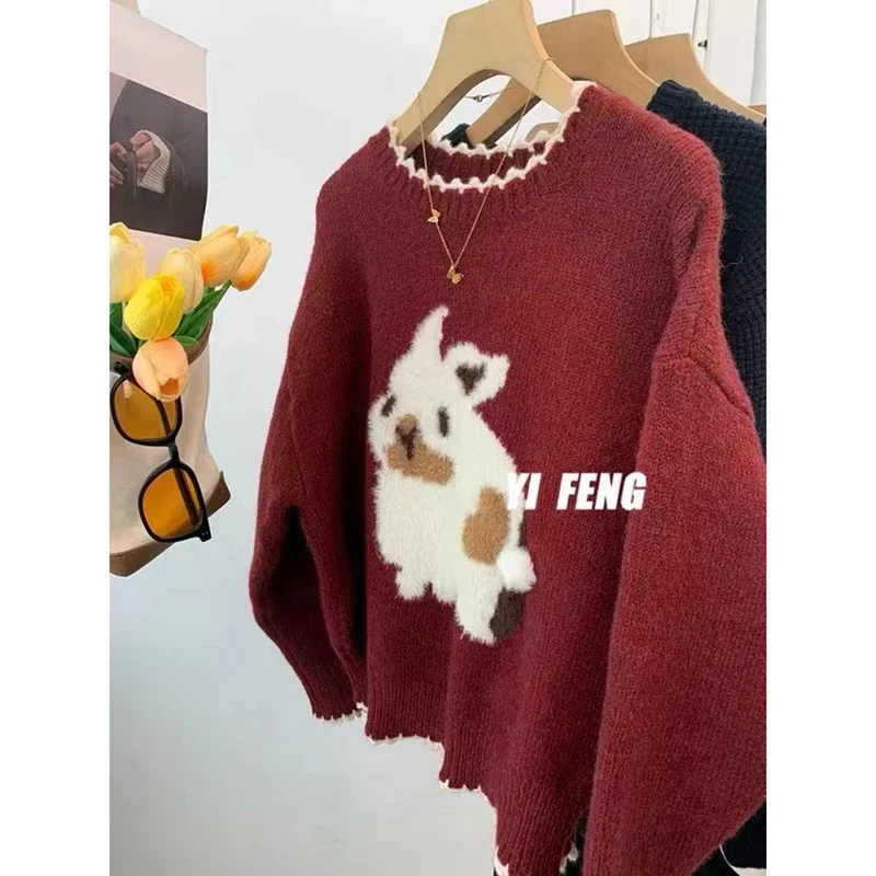 

Vintage Sweet Rabbit Flocking Sweater Winter Loose Round Neck Long Sleeve Pullover Women Casual Fashion Sweater Streetwear Tops