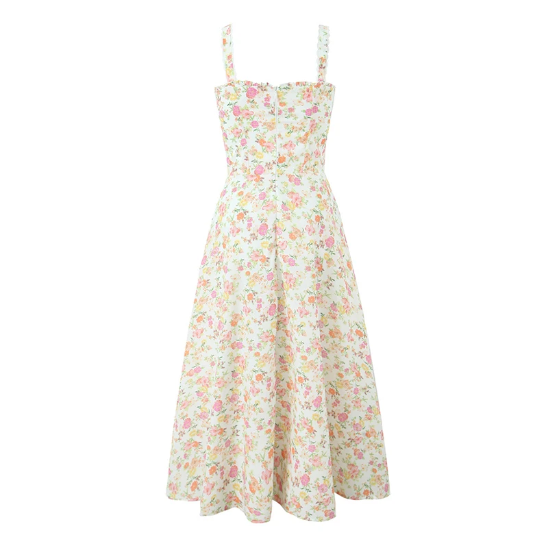 YENKYE Sexy Elegant Women Lace Patchwork Floral Print Sling Midi Dresses Holiday Summer Lady Party Vestidos Cotton Robe