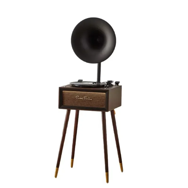 Retro Wooden Vinyl Record Player with Bluetooth FM Radio Built in Speakers Floor Standing Phonograph for Living Room Home
