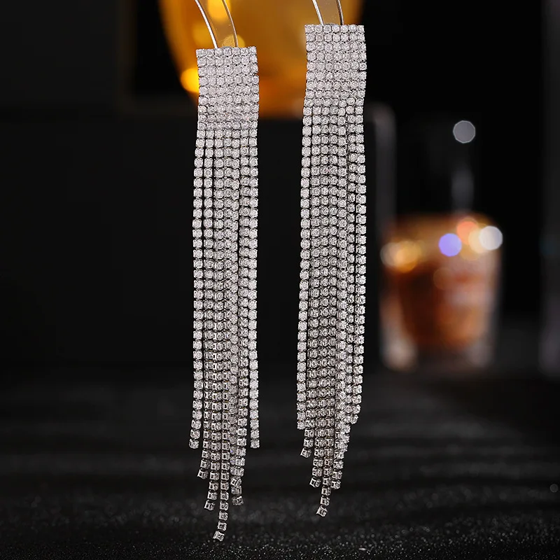 9.08 Light luxury style long earrings stylish annual party dress with zircon claw chain fringe earrings