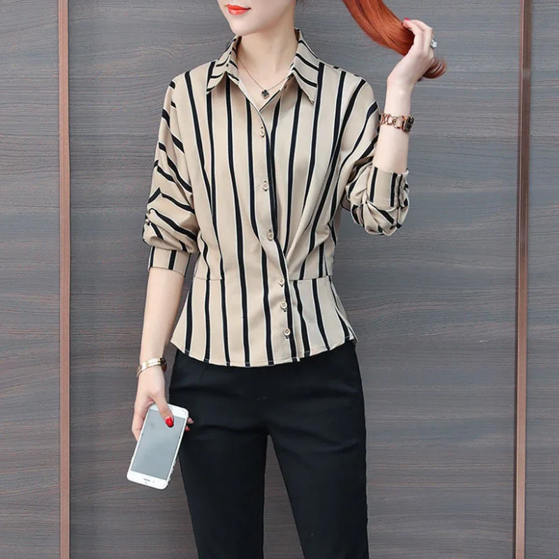 2024 Spring Summer Long Sleeve New Fashion Striped Shirt Asymmetrical Button Elegant Lady Slim Commuter Turn-down Collar Blouses