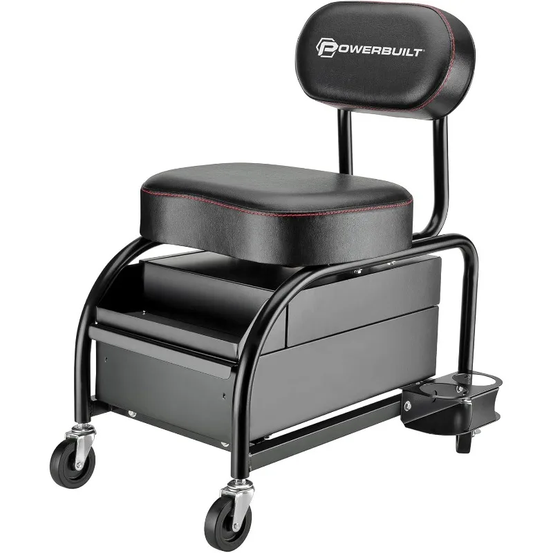 Professional Car Detailers Mechanics Roller Seat, Heavy Duty Garage Stool with Thick Padded Seat and Backrest