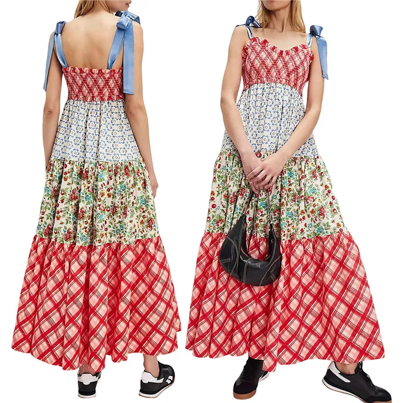 AOAO-ผู้หญิงลายดอกไม้โบโฮชุดเดรสผูกไหล่ Smocked Patchwork Flowy Maxi Dress พร้อมกระเป๋าฤดูร้อนฤดูใบไม้ร่วง