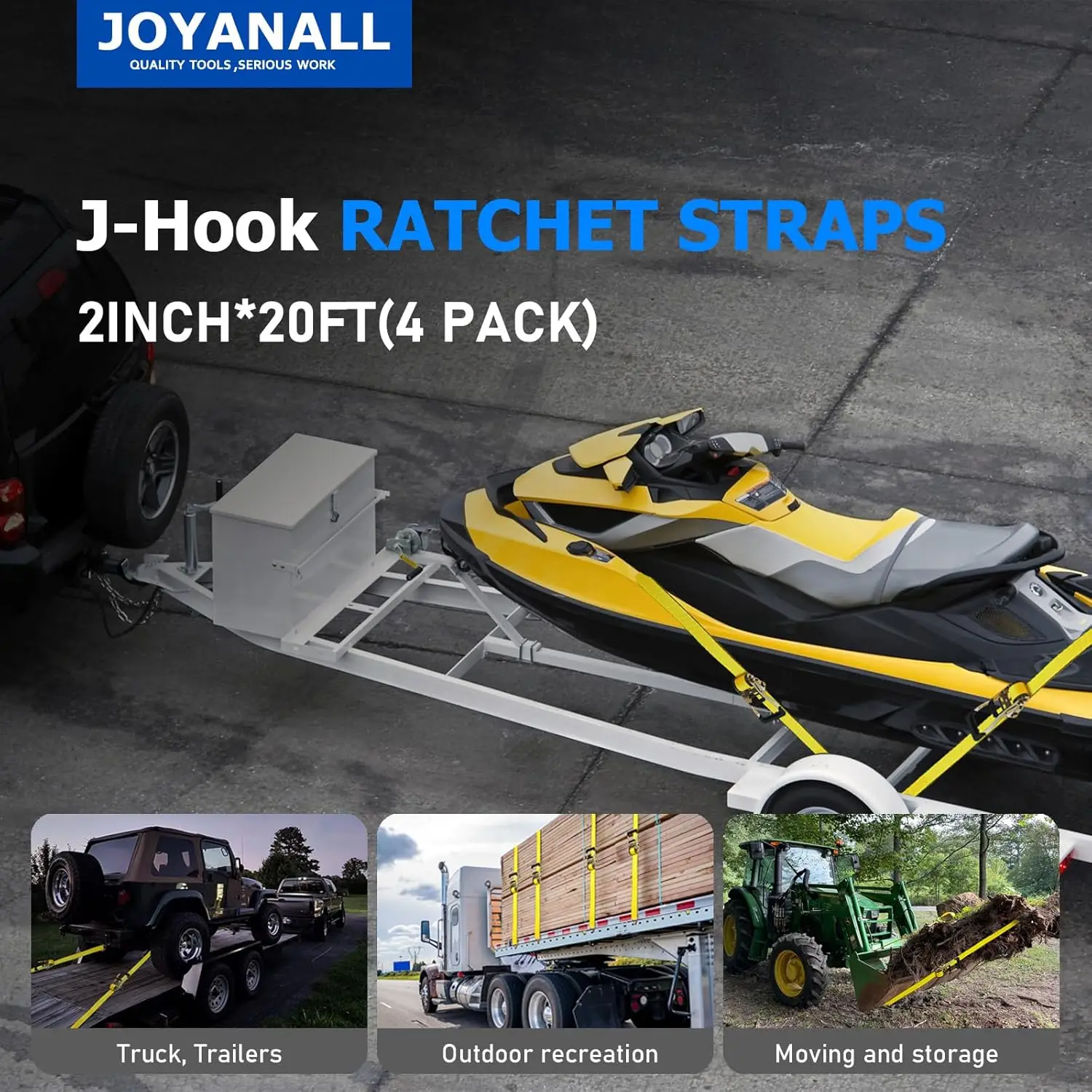 Cintas de Catraca Reforçadas de 2 Polegadas, Amarrações de 20 Pés com Ganchos Duplos em J, Força de 10.000 Libras para Movimentação e Transporte