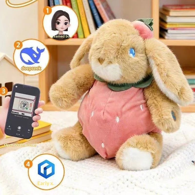 AI Plush Rabbit Doll Soft Fluffy Strawberry Outfit Interactive Sleep Companion Sleep Aid For Kids Toddlers Perfect Birthday Gift