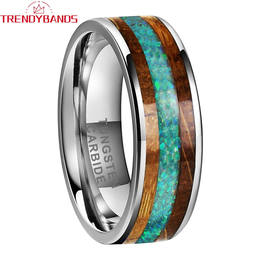 

8mm Tungsten Fashion Jewelry Engagement Rings for Men Women Wedding Band Green Opal Whisky Barrel Wood Inlay Domed Polished