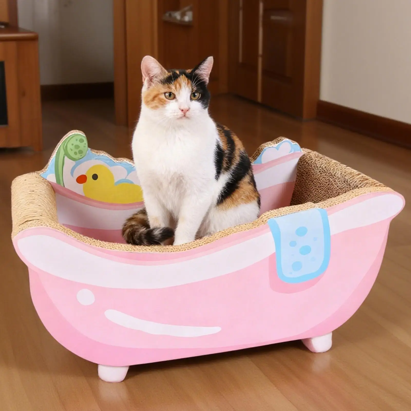 猫用ベッド 小型バスタブ型巣 爪とぎ付き 段ボール製 可愛い子猫・子犬・小型犬用ペットベッド ホームデコレーション リビング用