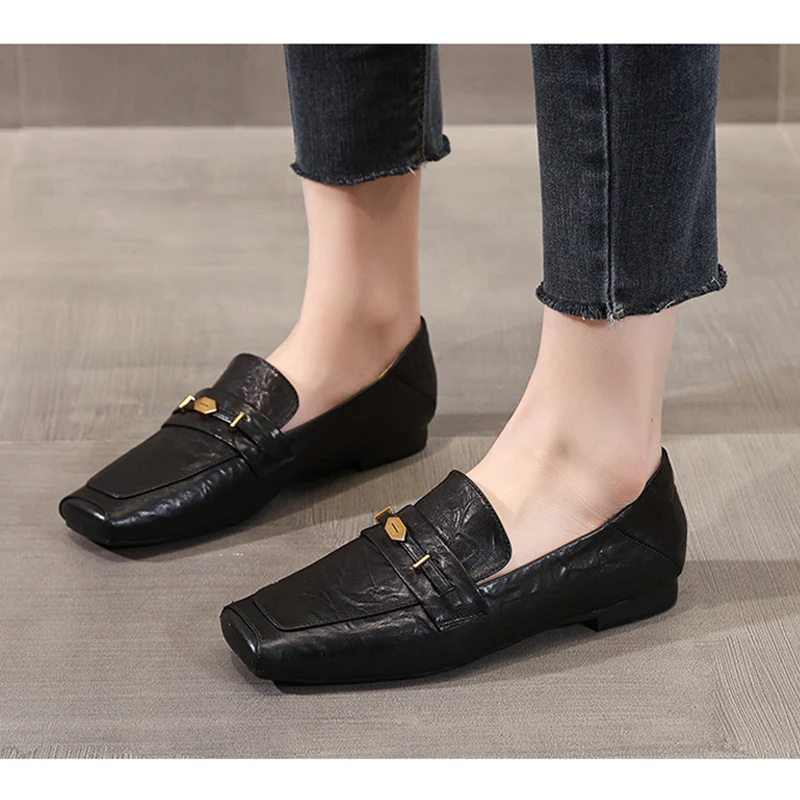 2026 Spring Summer Sheepskin Shoes Women Flats Genuine Leather Fashion Brand Ladies Party Shoes Black Brown D687
