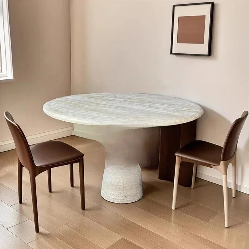 JJsmt1 Cream Wind Nordic Cave Stone Dining Table Round Light Luxury High-end Small Apartment Living Room Household Marble Round
