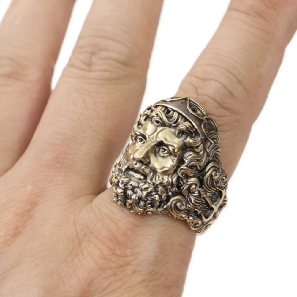Huge Brass Poseidon Trident King of Sea Punk Ring BK416 Open US Size 8~15
