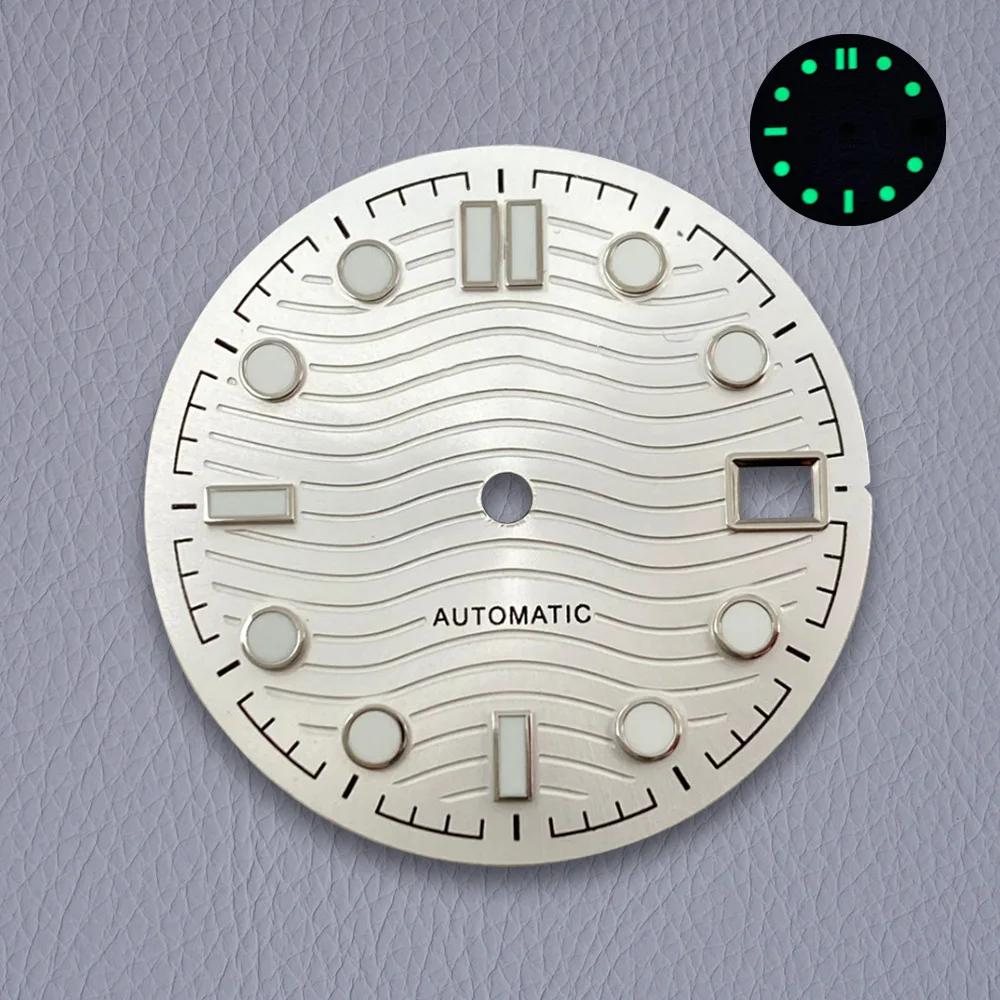 28.5mm S 로고 다이얼 NH35/NH36/4R/7S 일본 무브먼트 녹색 빛나는 고품질 다이얼 시계 수정 액세서리