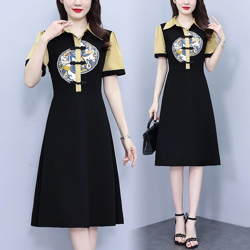 

2025Summer New National Style New Style Temperament Waist-Controlled Slim Looking Large Size Women's Wear FatmmDress One