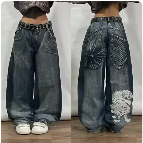 Street Y2K American style Trend Loose Straight Jeans Women Harajuku Hip Hop Joker Wideleg Pants Couple Casual High Waisted Jeans