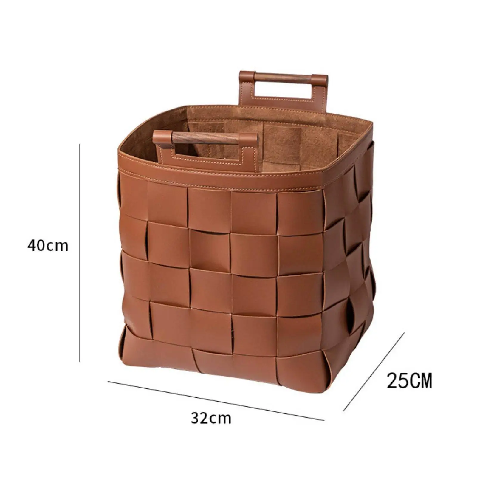 Woven Leather Basket Minimalist Aesthetic Leather Storage Bin with Wood Handles