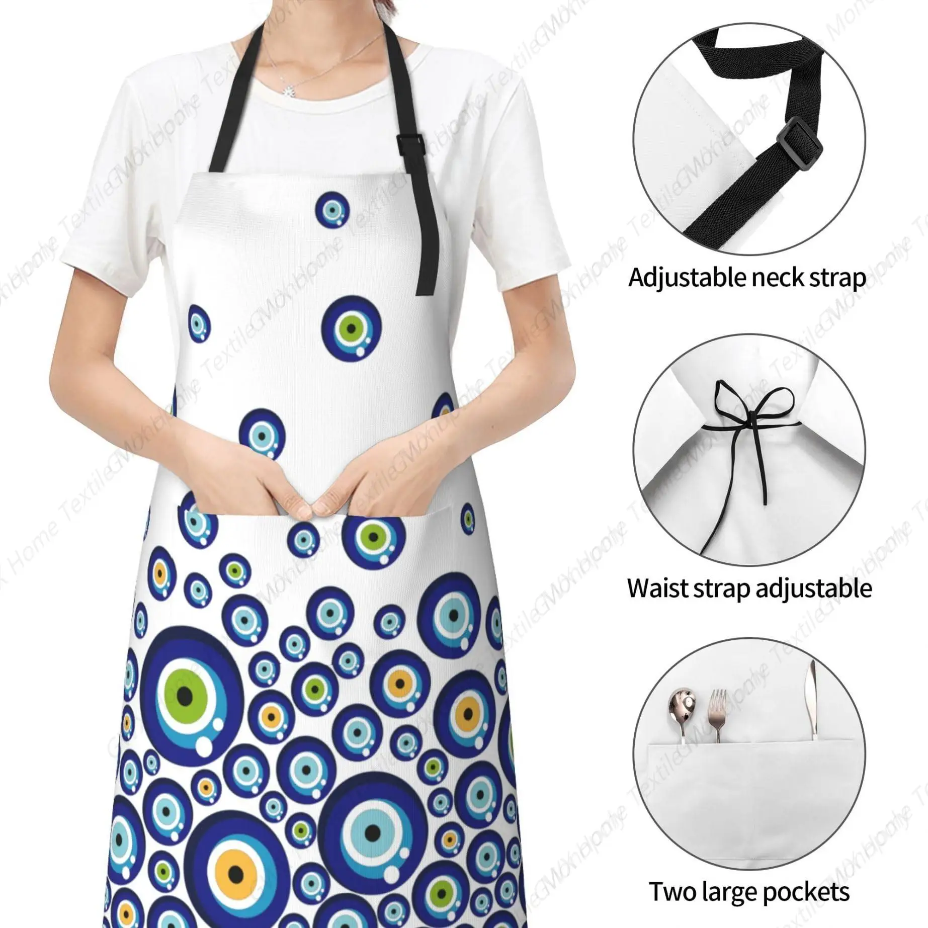 Delantal de cocina con bolsillo para hombre y mujer, mandil de tela Oxford con diseño de ojo de pavo azul, babero ajustable