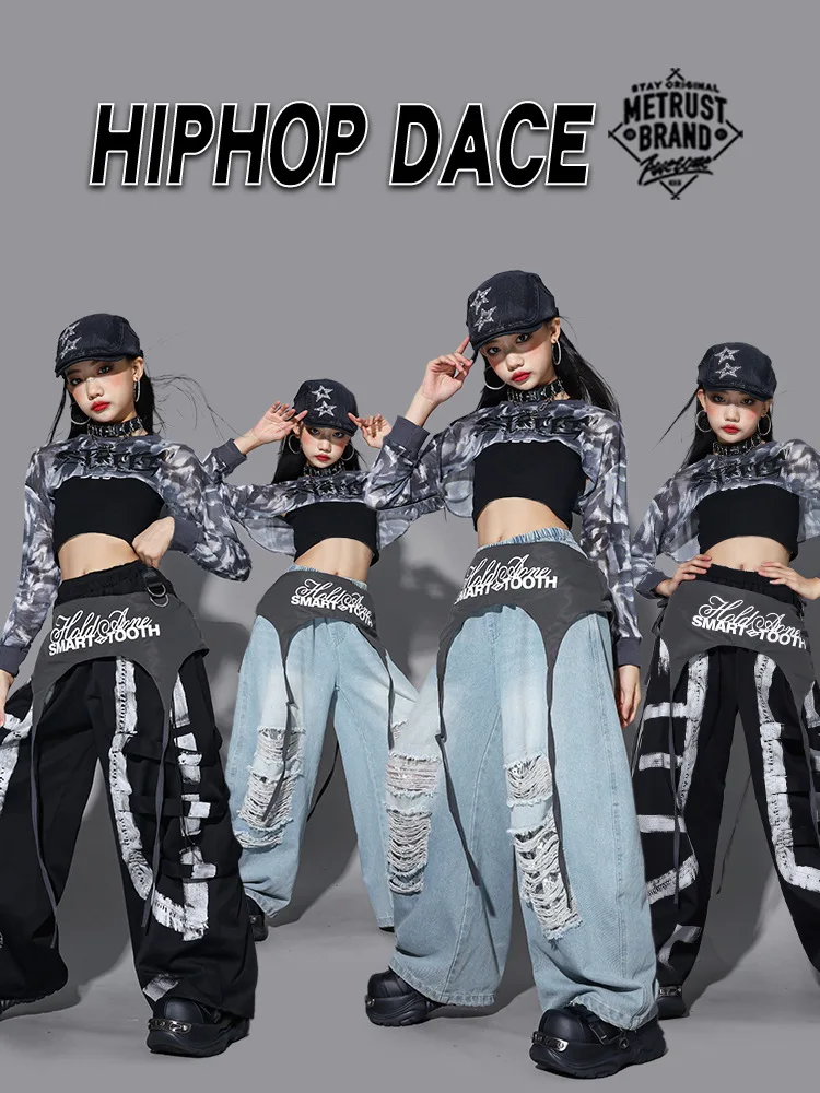 Girls Kpop Hip Hop Clothing Shoulder Tops Black Pants Skirt Cheerlead Jazz Dance Costume Stage Performance Clothes Kids