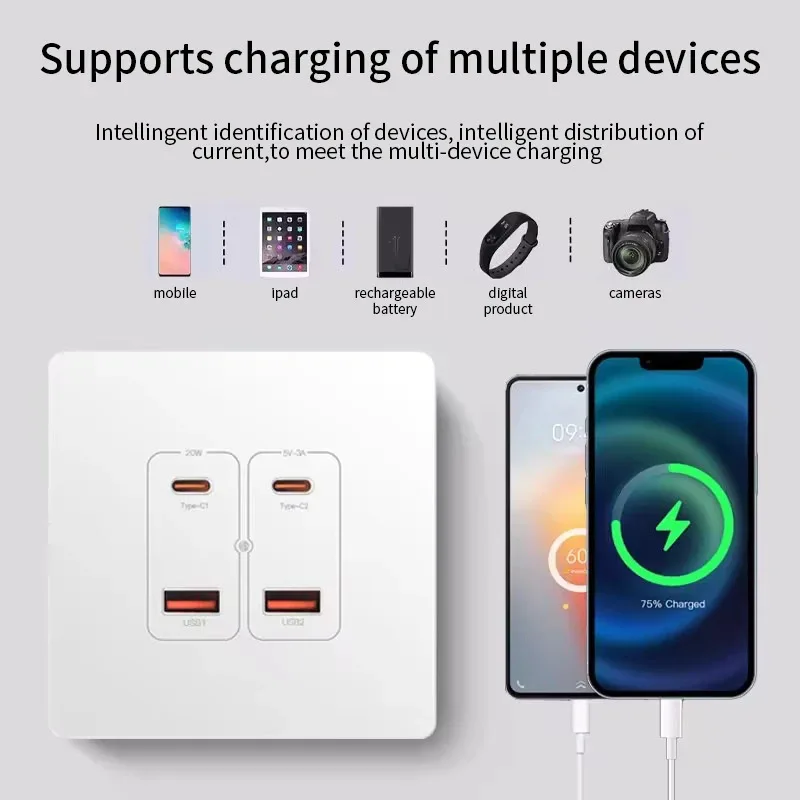 

Herepow Wall Power Socket With Dual USB Typec Four Port Fast Charging Interface 20W 3A 220V Smart Home Appliance Plug Adapter
