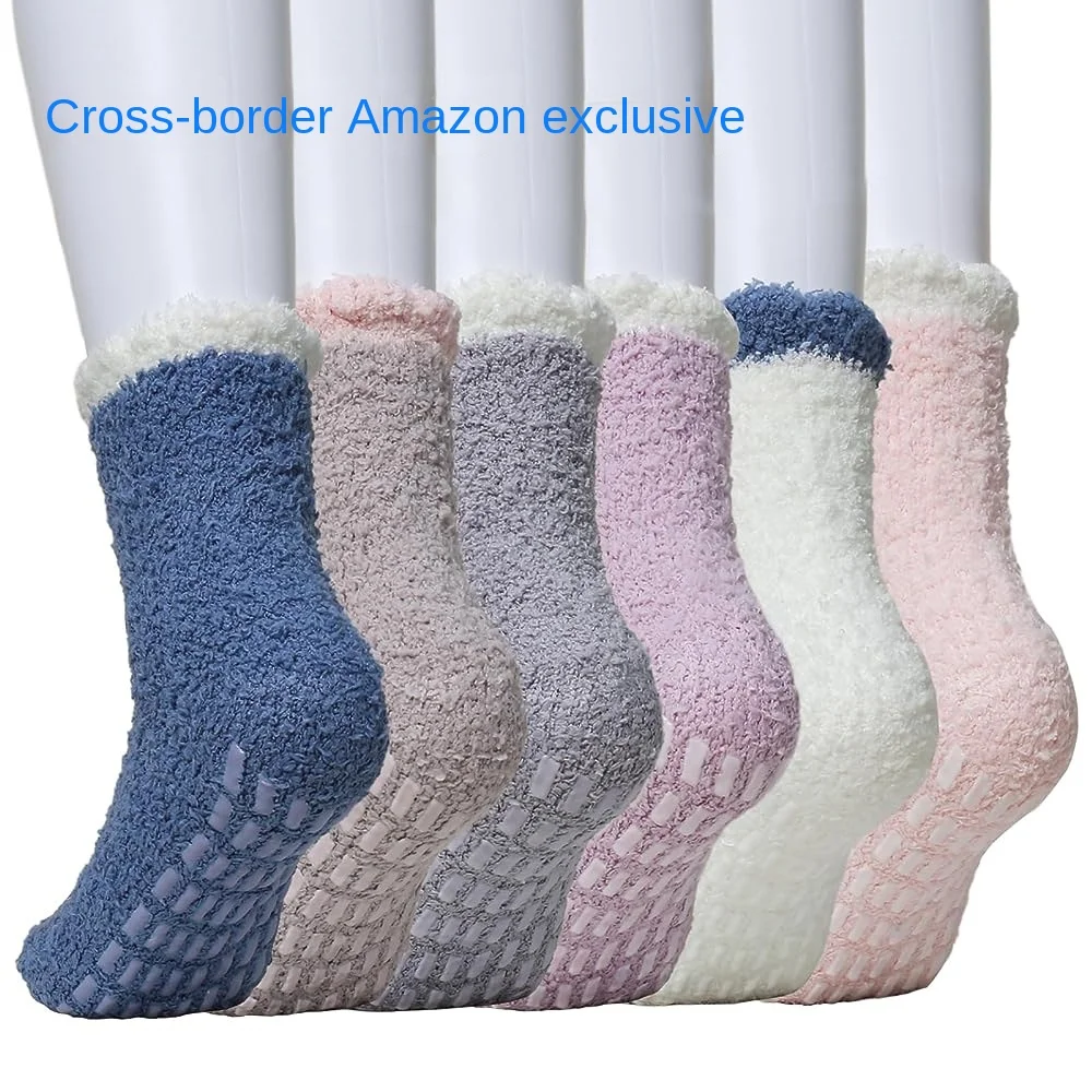 1PR Glue Dispensing Non-Slip Non-Lint Women's 7-Color Twist Coral Velvet Winter Tube Socks Room Socks