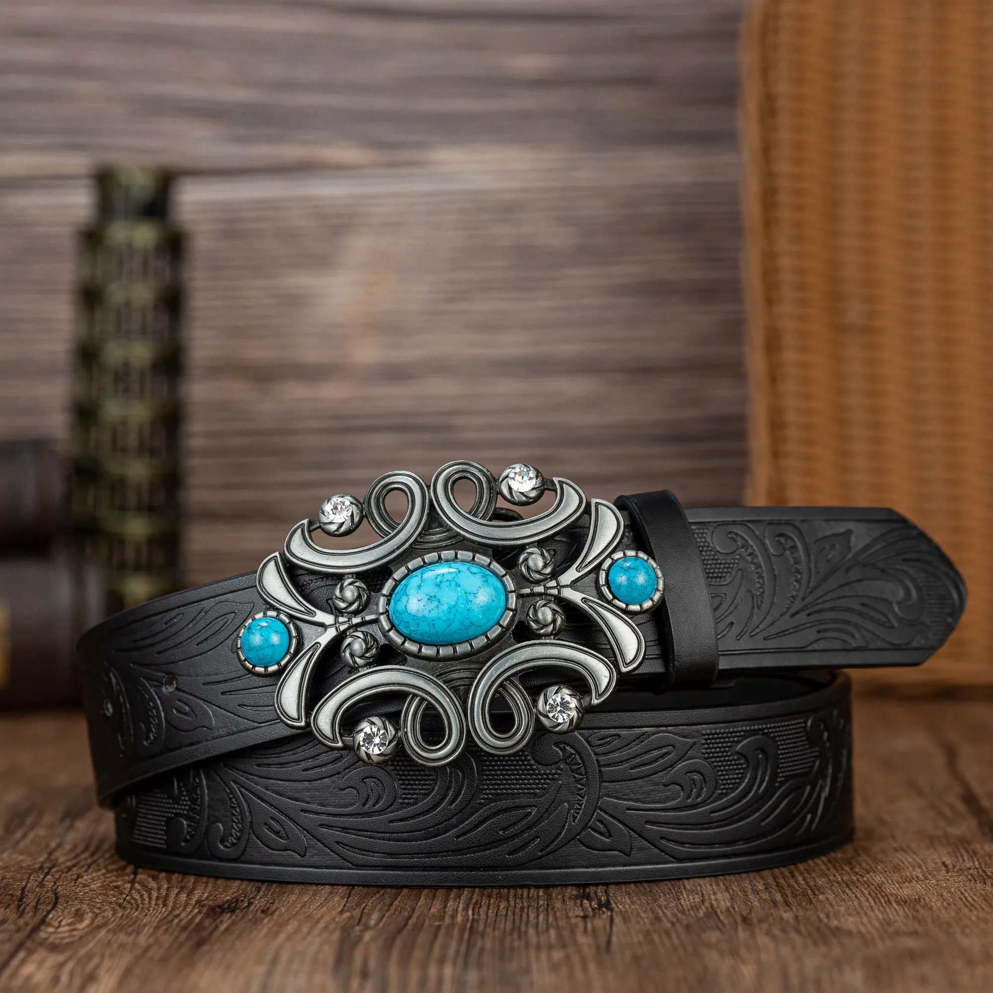 Sapphire line pattern flower big plate buckle simple tail pattern PU cintura con bottoni in rilievo