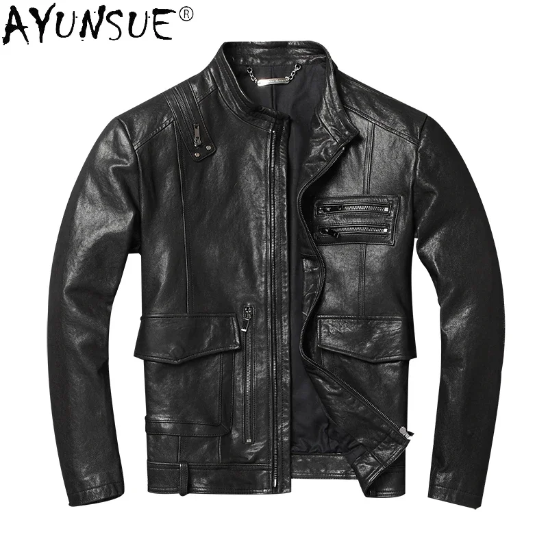 

AYUNSUE Vintage Genuine Leather Jacket Men Goatskin Coat Motorcycle Mens Leather Jackets and Coats Spring Autumn Hommes Veste