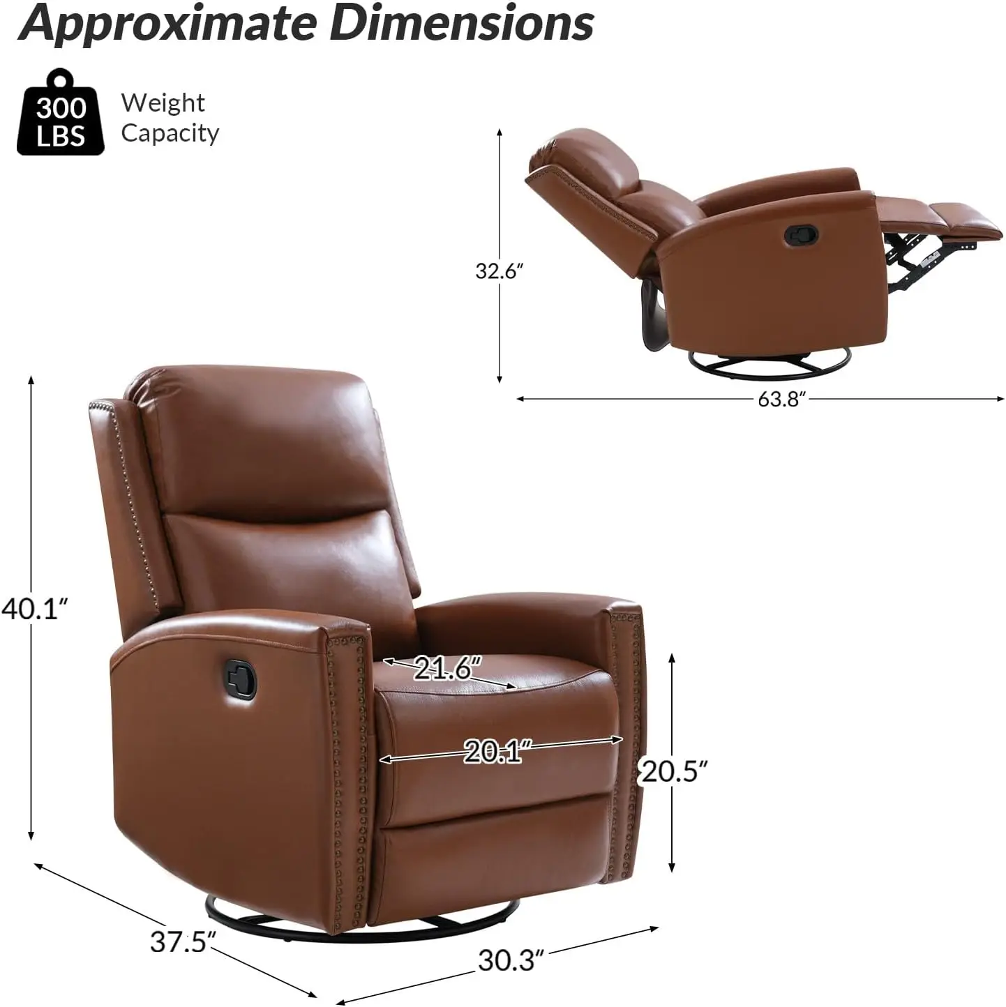 Genuine Leather Swivel Rocker Recliners Set of 2 Manual Glider Recliner Chairs with Adjustable Backrest & Footrest Modern Brown