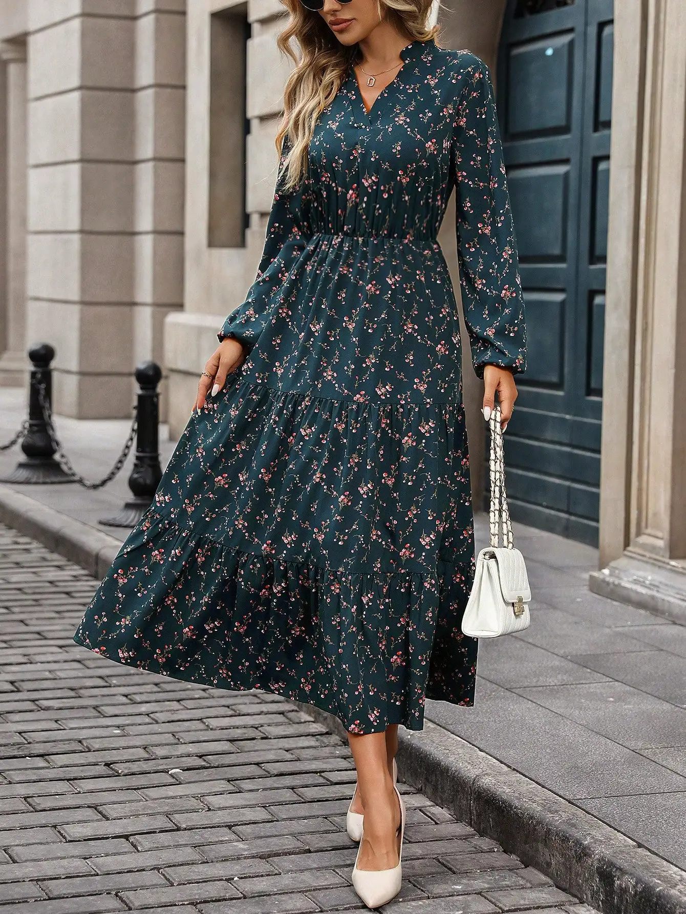 Vestido Maxi Floral de Manga Longa com Decote em V para Mulheres, Look Casual de Outono com Saia em Camadas