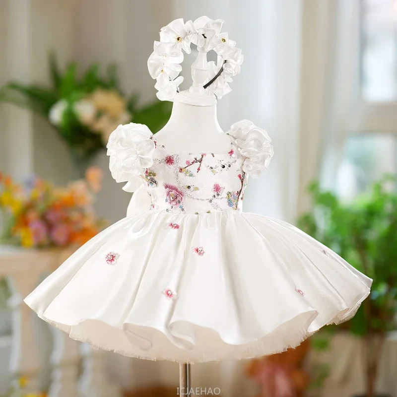 

Wed Dress New White Satin Girls Princess DressesClothes Kids Birthday Party Outfits Vestido Children Flutter Sleeve Tutu Gown