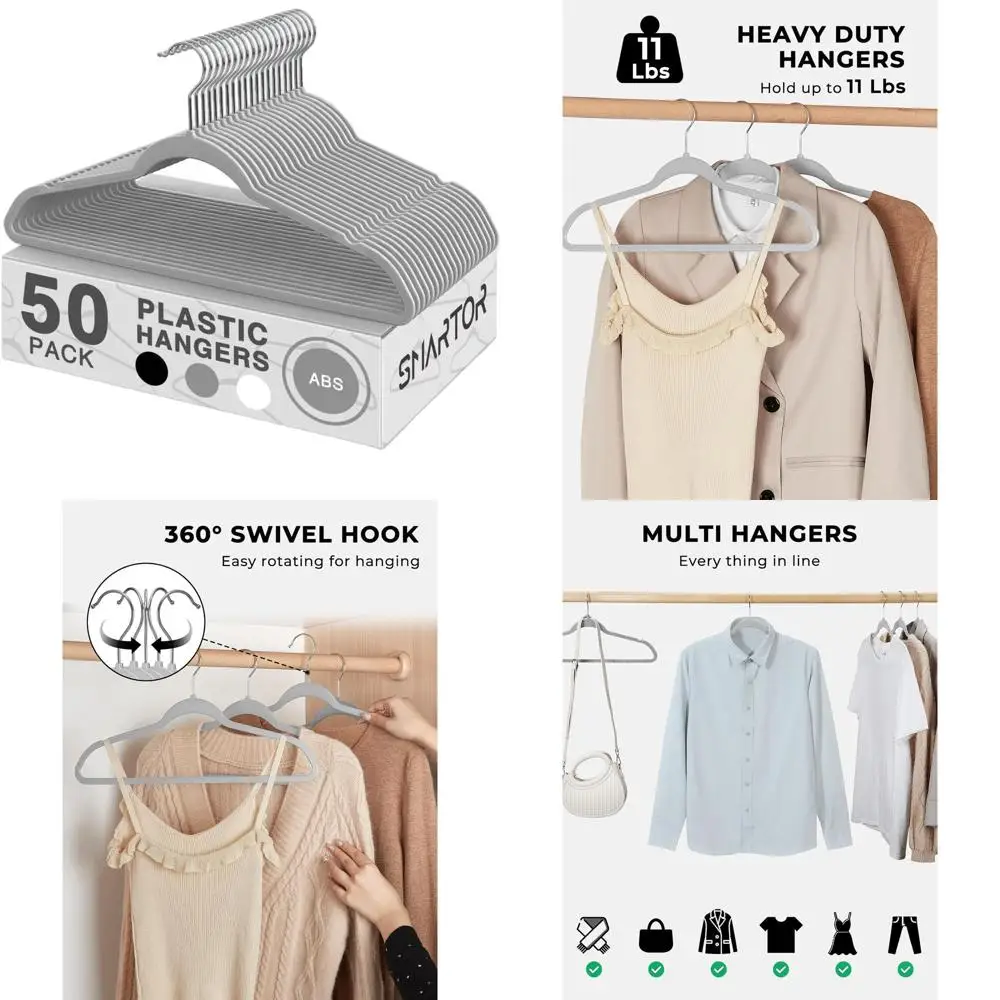 

Набор из 100 прочных серых пластиковых вешалок с поворотом на 360 градусов ° Поворотный крючок - компактный и элегантный дизайн для одежды