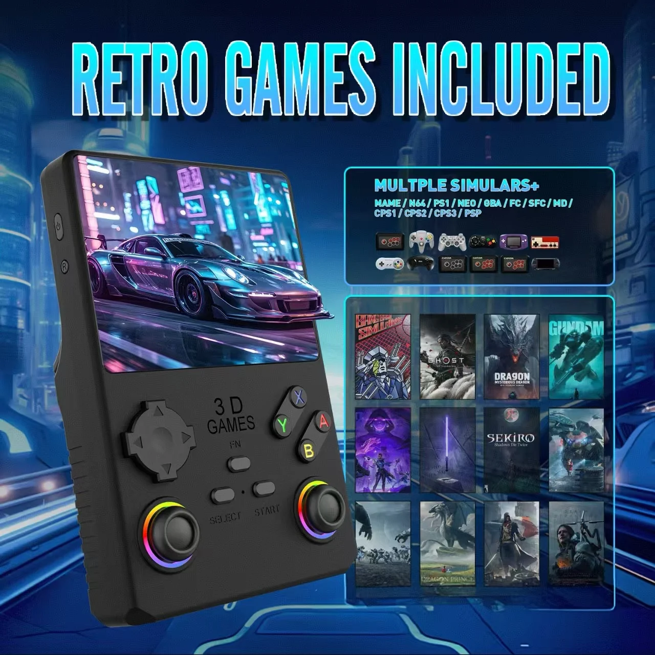 

2025 V40 MAX Handheld Game Console 4'' IPS Screen 4000mah Battery Joystick RGB lighting Effect 256GB with more than 40000 games