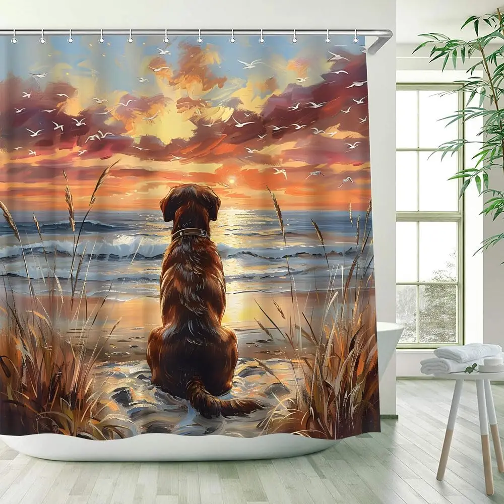 

Funny Dog Beach Shower Curtain Cute Animal Ocean Sunset Sunrise Seagull Weeds Sea Waves Watercolor Lovely Pet Bathroom Decor