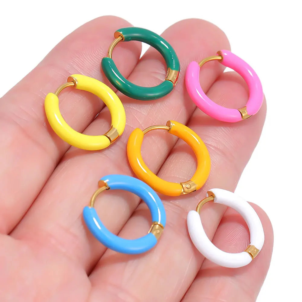 1 Pair Women Fancy Candy Color Enamel Hoop Earrings Sweet Summer Hoop Huggie Earrings Settings Stainless Steel Jewelry Supplies