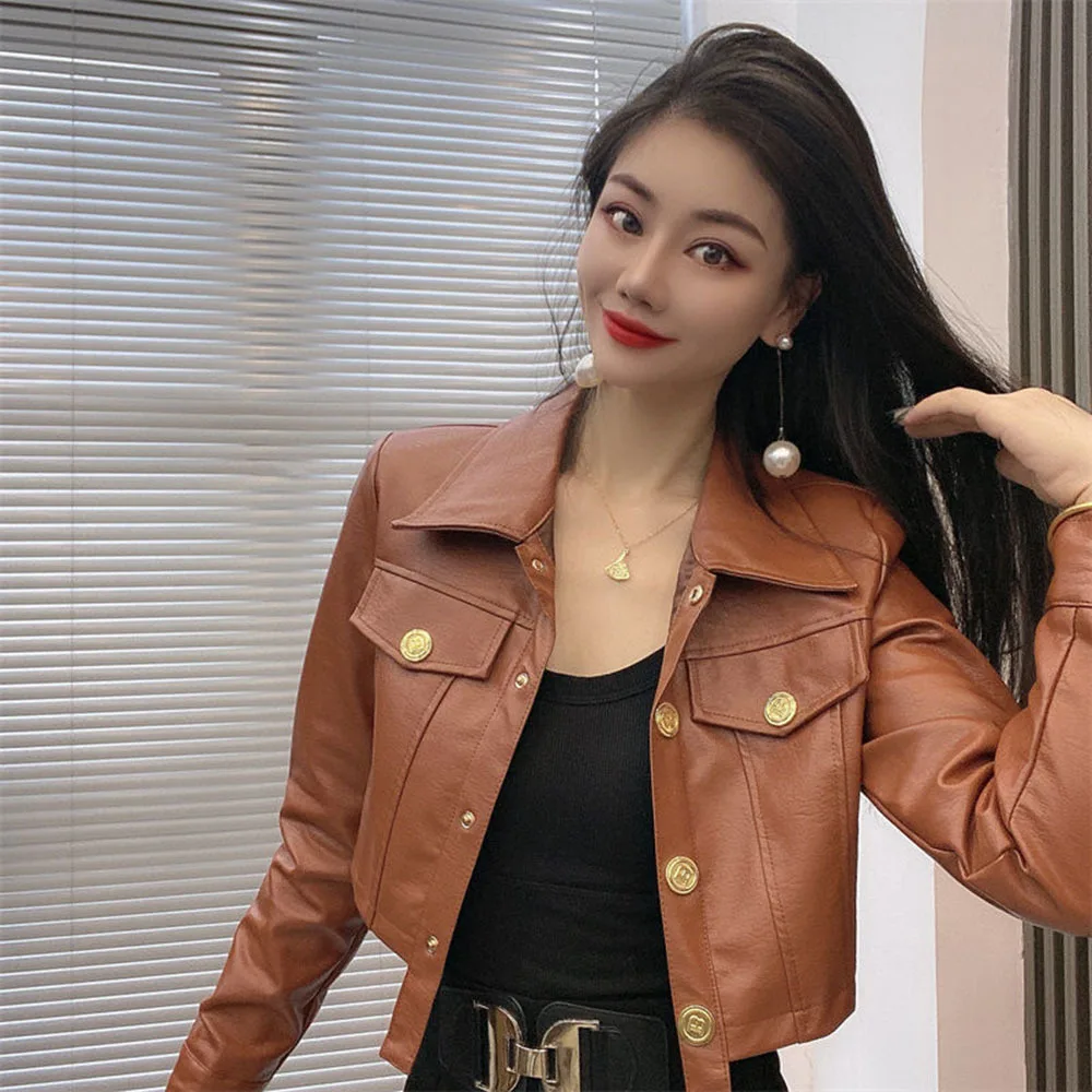 Elegant Women Metal Buckle Irregular Leather Jackets Crop Tops Korean Female Black Short PU Coats Ladies Office Green Outerwear