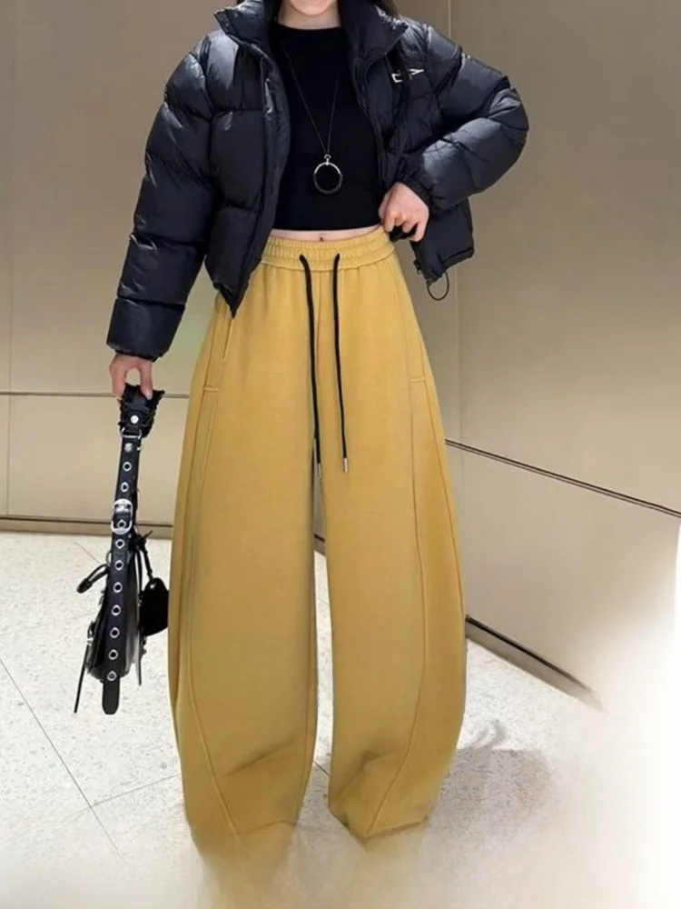 

Желтые широкие брюки с высокой талией и подкладкой Fce, женские повседневные брюки Spor, корейские брюки прямого кроя для поездок на работу и ветер