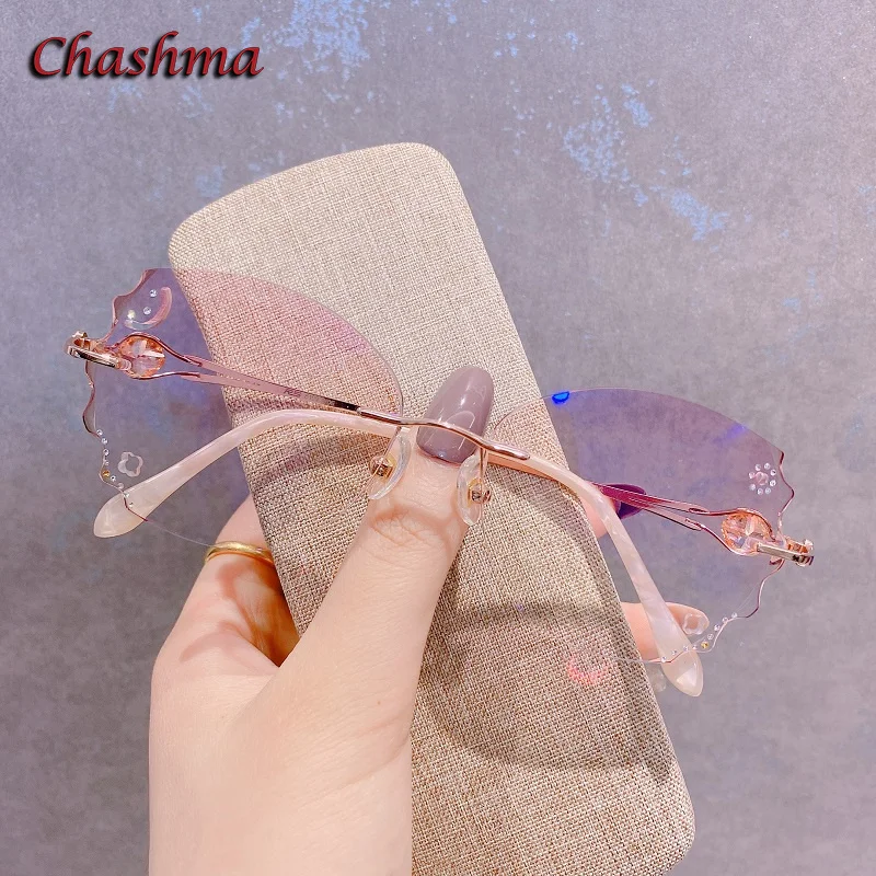 Chashma Dame Luxus Brillen Transparente Farbige Linsen Titan Rahmen Frauen Strass Optische Randlose Licht Brille Weibliche