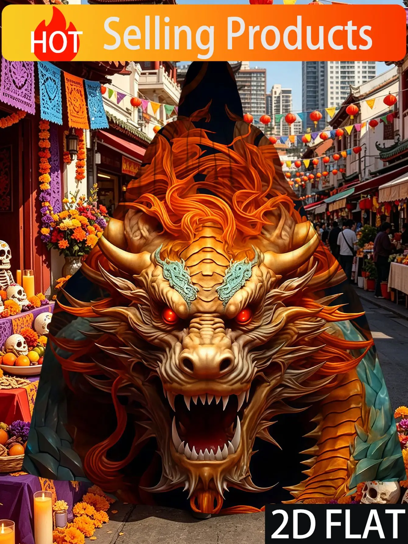 Hooded Cape 2D Flat/Orange Red Lava Dragon Head with Flame Patterns/Dark Background Chinese Style Fantasy Flame Dragon Head Port